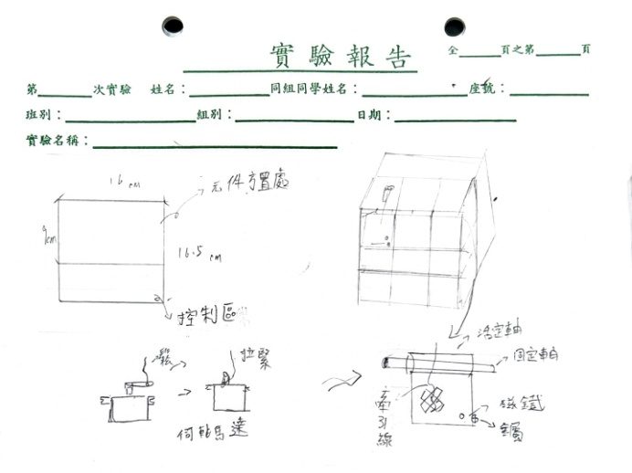 零件盒設計手稿：盒子尺寸、伺服馬達拉線掀蓋的示意圖