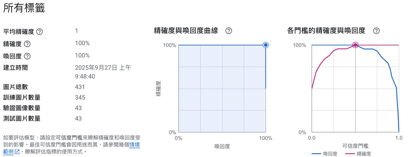 Vertex AI 訓練報告：精確度與喚回度皆為 100%，圖片總數 431